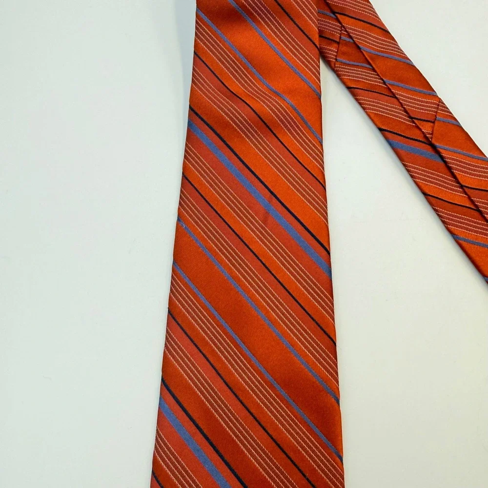 VTG Perry Ellis Portfolio Silk Tie Burnt Orange Blue Stripe WPL 2831 Made in USA